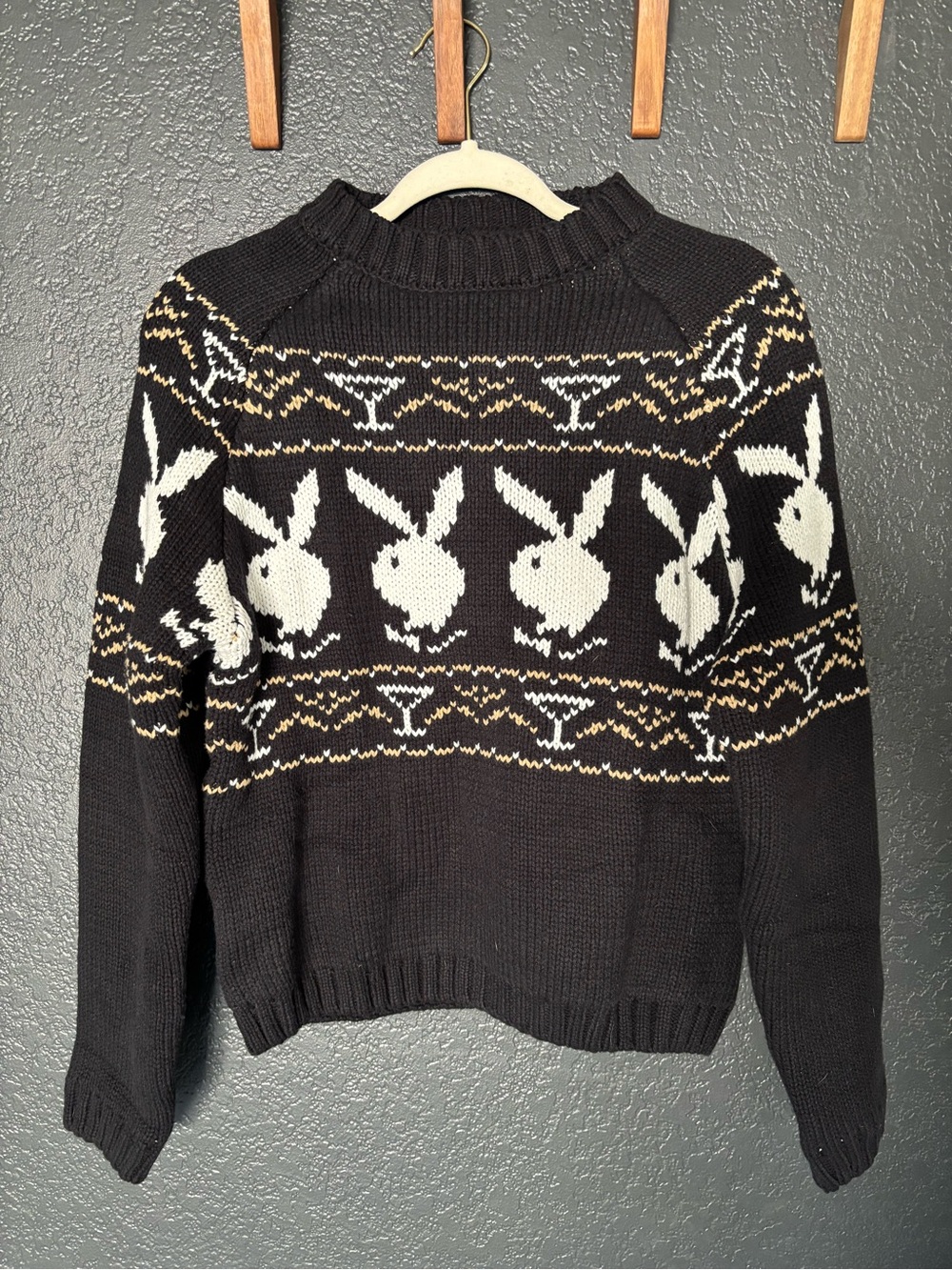Black Knit Pullover Sweater and hat with Playboy Bunny Pattern